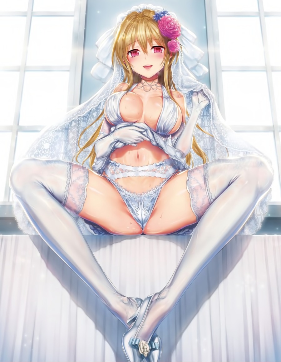 yande.re 506179 cameltoe dress garter_belt heels hisasi no_bra pantsu skirt_lift string_panties thighhighs thong wedding_dress.jpg