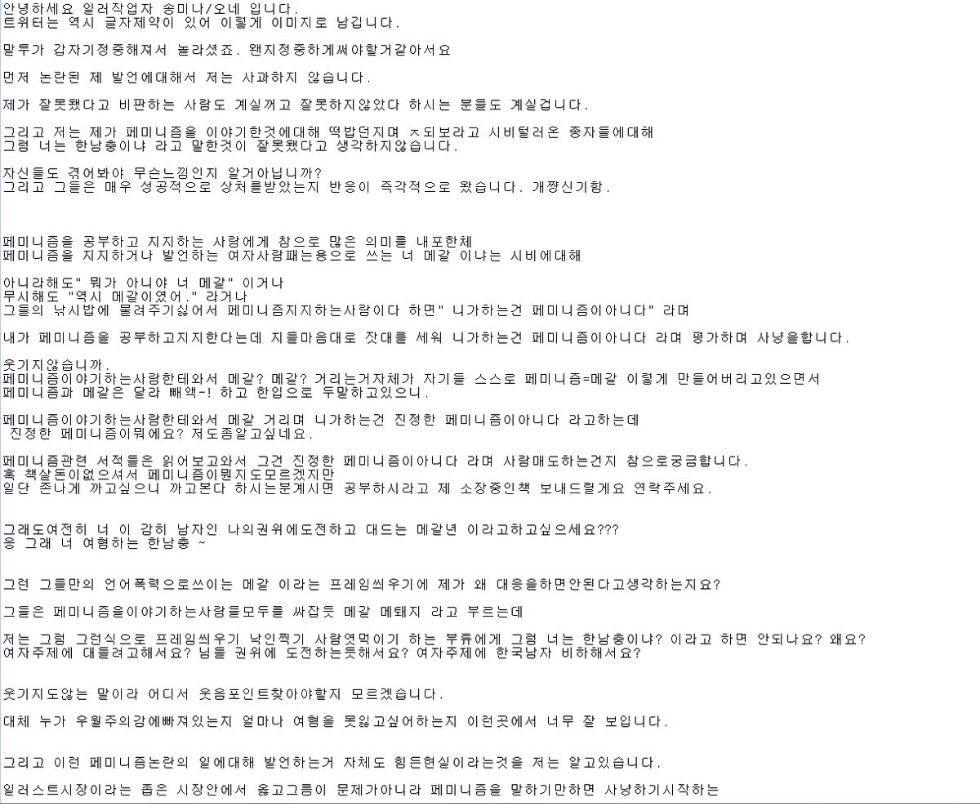 메갈옹호 일러스트레이터 송미나(오네)의 생각정리글 (+덤 추가)_1.jpg
