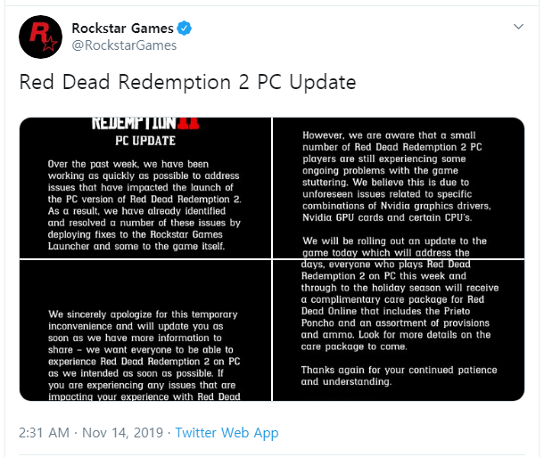 Rockstar Games on Twitter Red Dead Redemption 2 PC update. https t co DuItXRAYiB Twitter.png