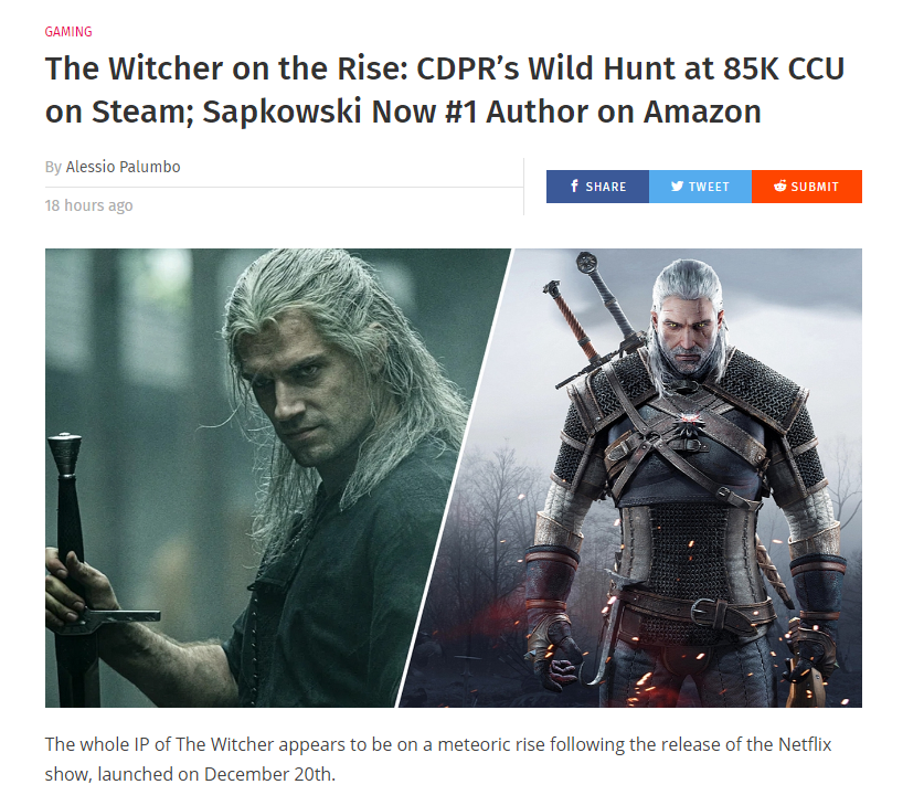 The Witcher on the Rise CDPR s Wild Hunt at 85K CCU on Steam Sapkowski Now 1 Author on Amazon.png
