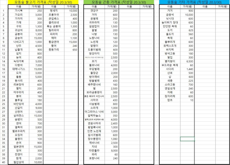 모여봐요 동물의 숲 환경생물 가격표_200330.JPG