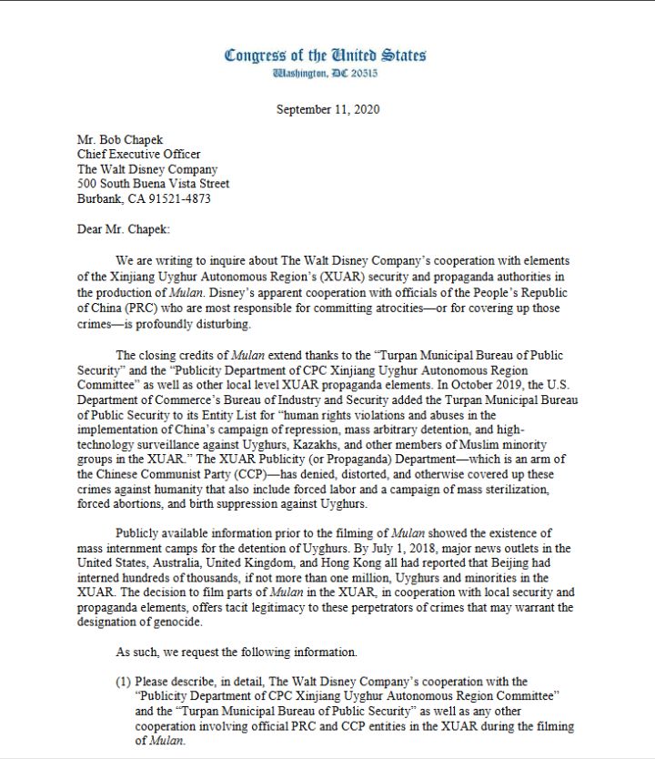 美의회 "디즈니, 뮬란 '위구르 탄압 정당화' 해명하라"_2.png