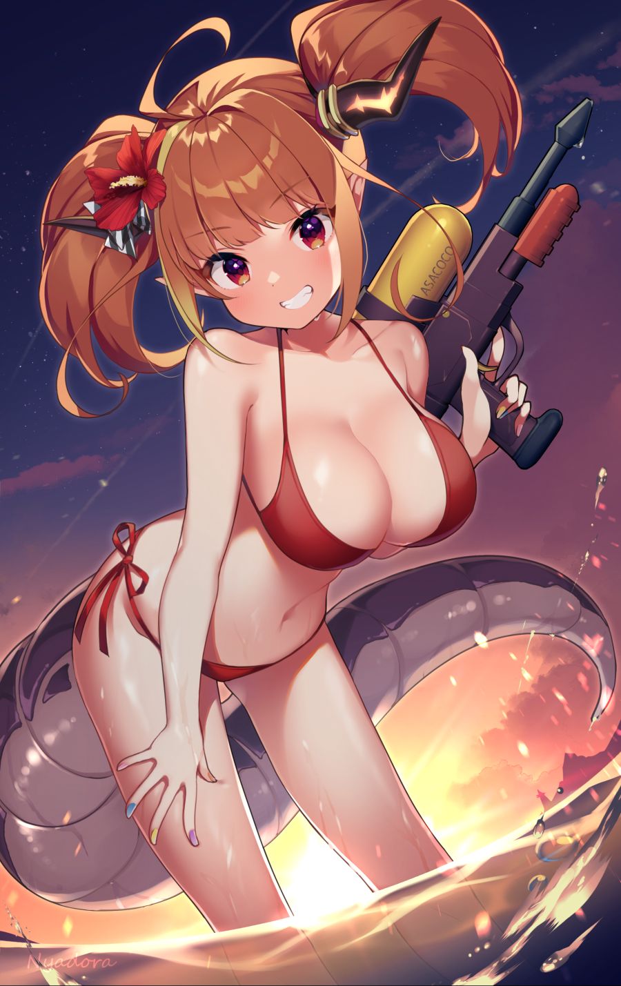 yande.re 809231 bikini gun hololive horns kiryuu_coco nyasunyadoora pointy_ears swimsuits tail wet.jpg