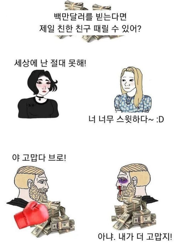 백만 달러를 받는다면 제일 친한친구 때릴수있어?.jpg | 유머 게시판 백만 달러를 받는다면 제일 친한친구 때릴수있어?.jpg | 유머 게시판 | 루리웹