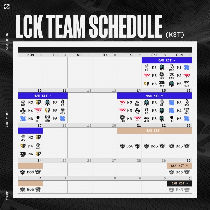 [그래픽] 2022 롤드컵 LCK 팀 경기 일정(제공=라이엇 게임즈 이스포츠).jpg