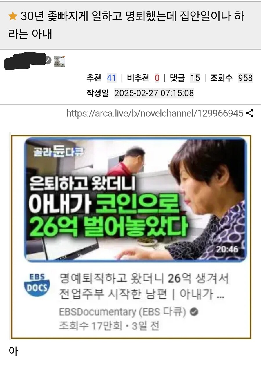 30년 좃빠지게 일하고 명퇴했는데 집안일이나 하라는 아내;;;_1.jpg