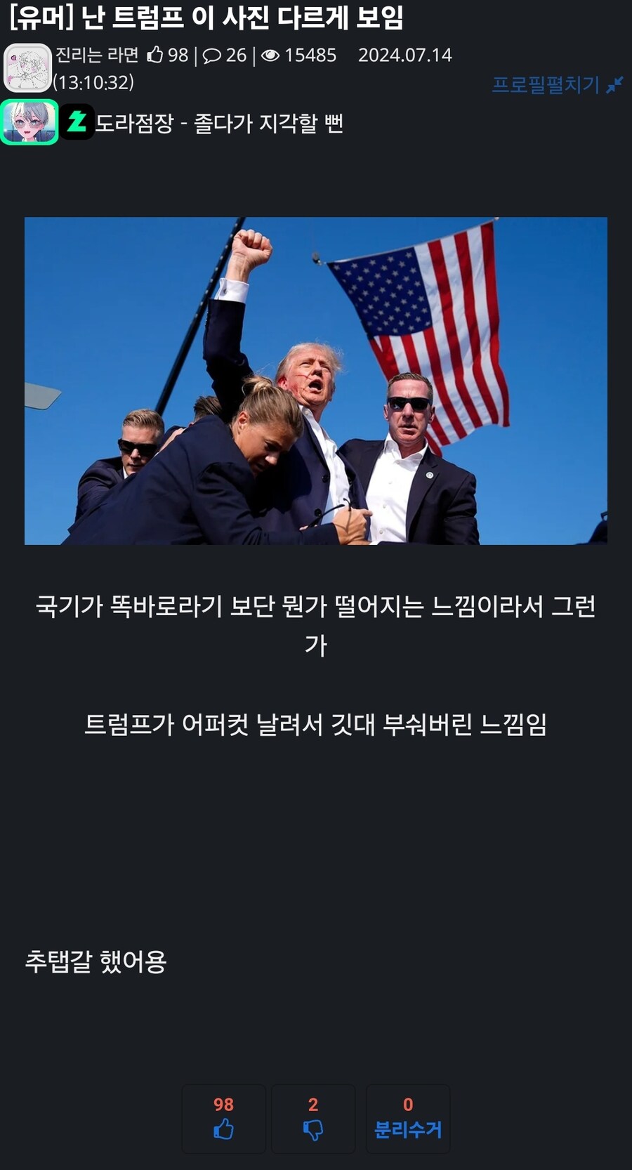 예전에 트럼프 암살시도 사진때 이런 글 올렸었는데
