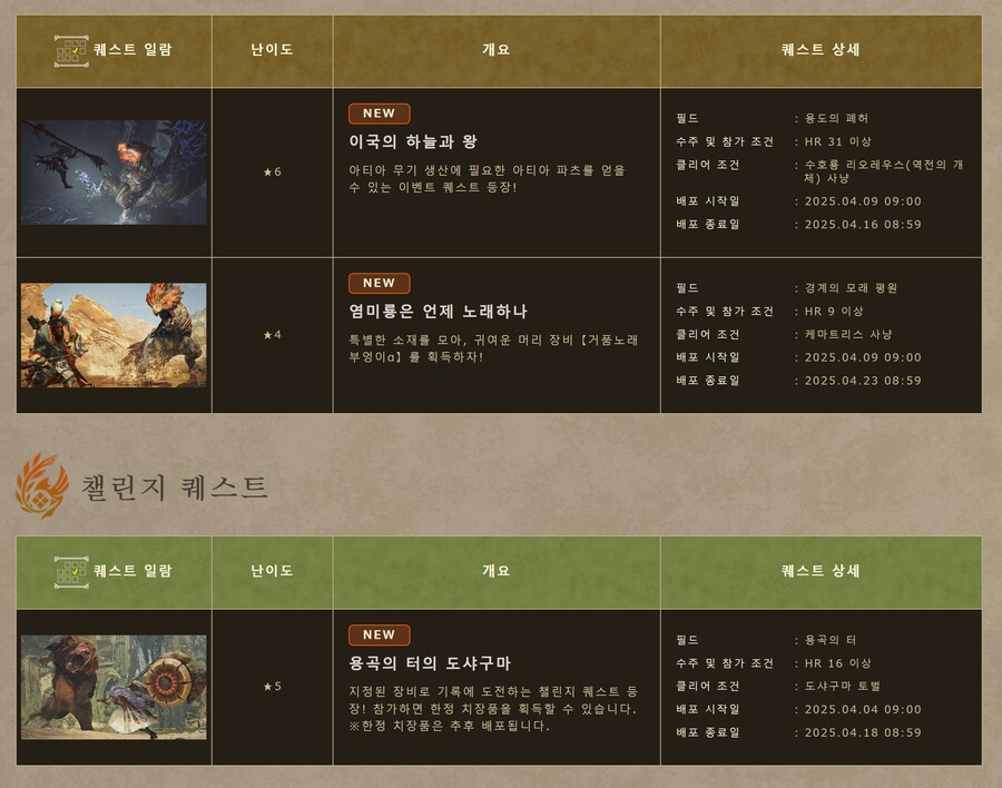 몬스터 헌터 와일즈 이벤트 퀘스트 배포 및 배포 스케쥴 갱신_1.png