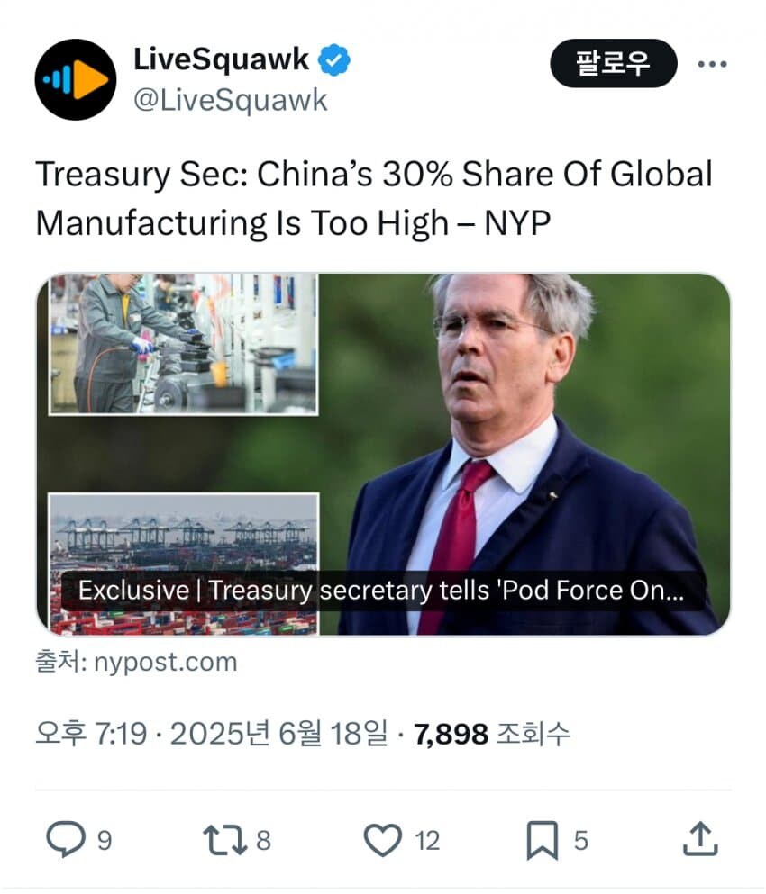 미 재무장관 “국제 제조업에서 중국 비중이 3할인게 꼽다”_1.jpg