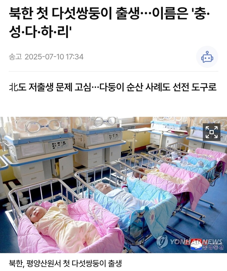 북한 첫 다섯쌍둥이 출생... 이름은 '충•성•다•하•리'_1.jpg