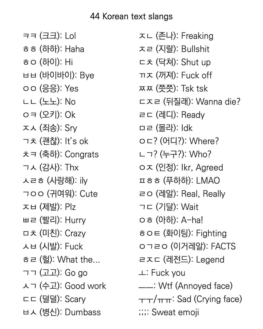 외국인들을 위한 한국어 초성체 뜻 리스트