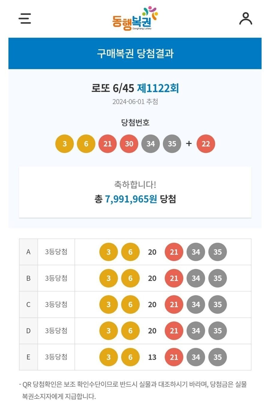 로또 3등 5개 당첨된 사람
