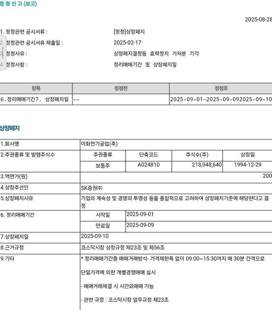 주식 이화전기 정리매매 공시