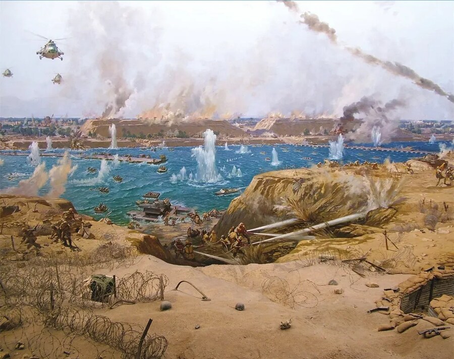 역사)제4차 중동전쟁 당시 이스라엘의 바레브선을 돌파하는 이집트군 기록화_1.png