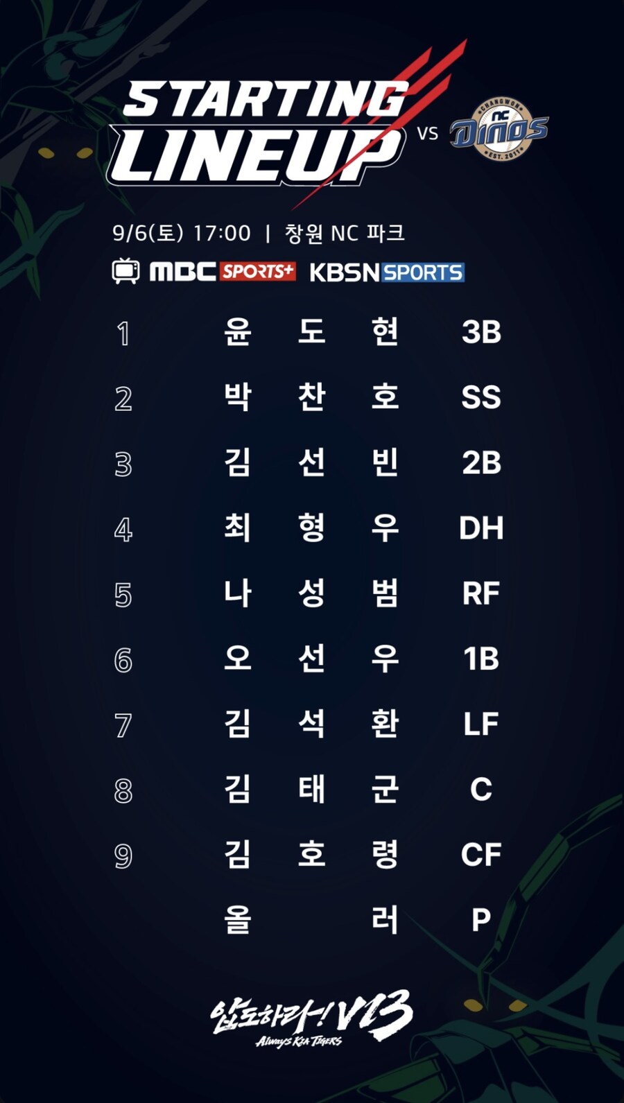 9월 6일 토 / 기아 vs NC / 기아 라인업_1.jpg