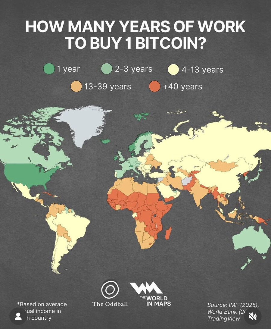 나라별 1비트코인을 사기 위해 일해야 하는 기간