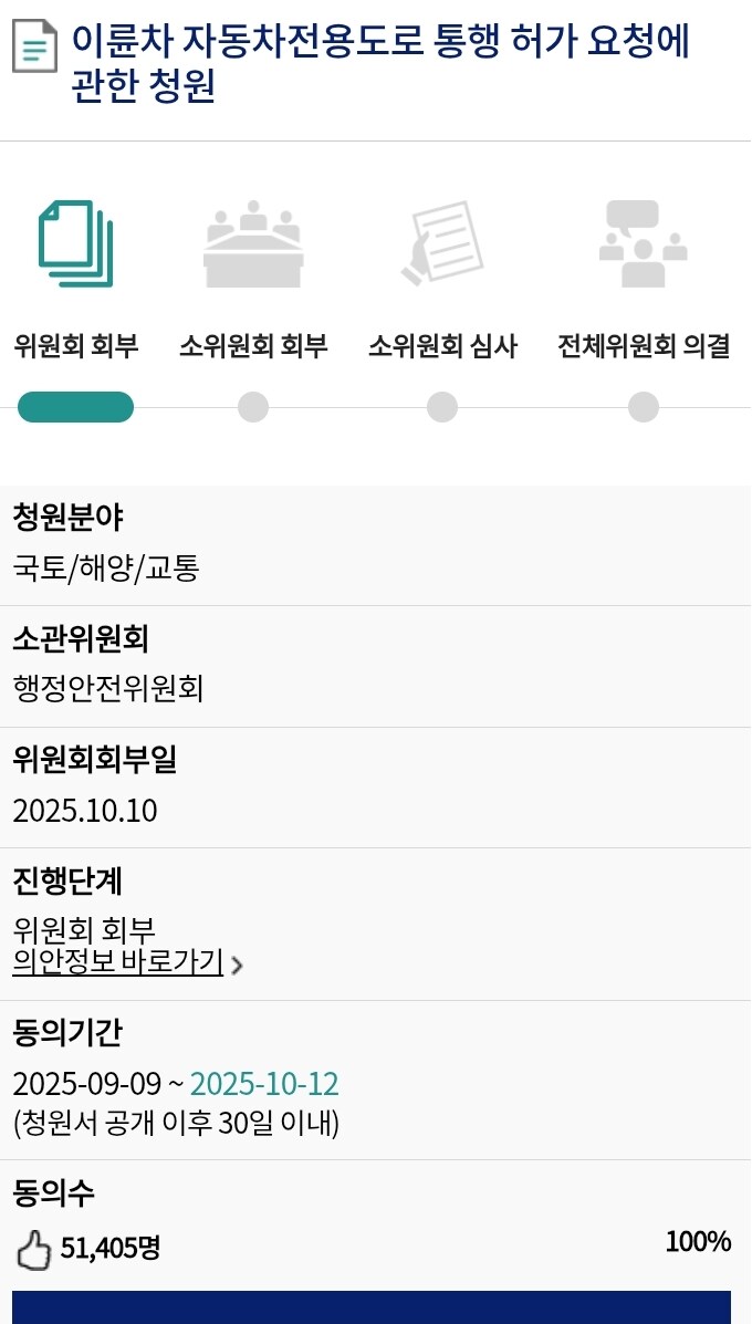 이륜차 전용도로 통행 허가 청원 5만명 돌파_1.jpg