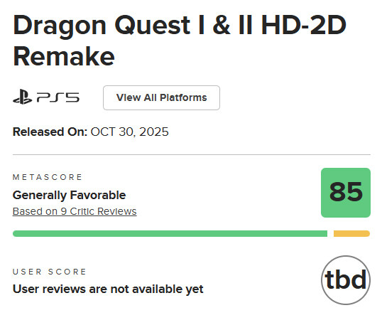 드래곤 퀘스트 I & II HD-2D Remake, 메타크리틱 및 오픈크리틱 점수_1.jpg