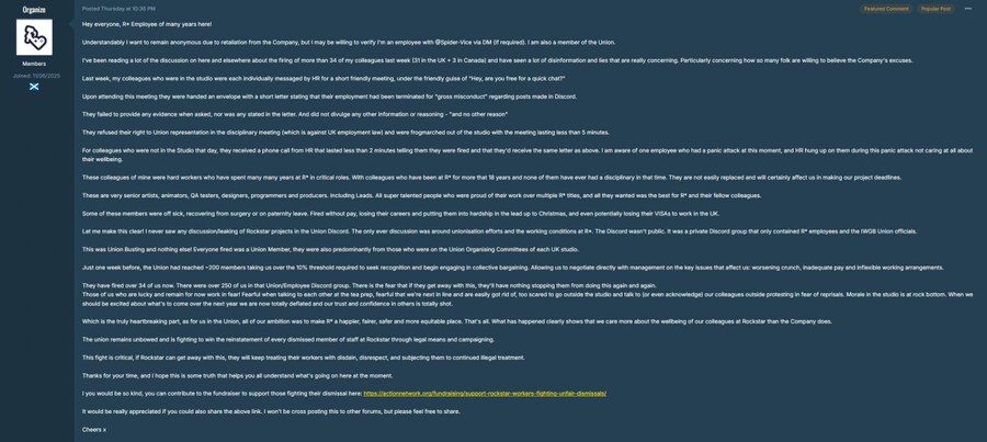 락스타 게임즈 직원, 회사의 노조 탄압 실태 익명 폭로_1.png