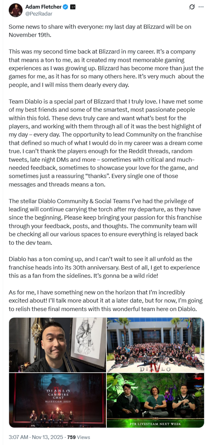 디아블로 시리즈 커뮤니티 매니저 애덤 플레처 블리자드 퇴사_1.png