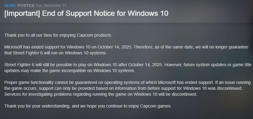 스트리트 파이터 6, 윈도우 10 지원 종료 공지_1.png
