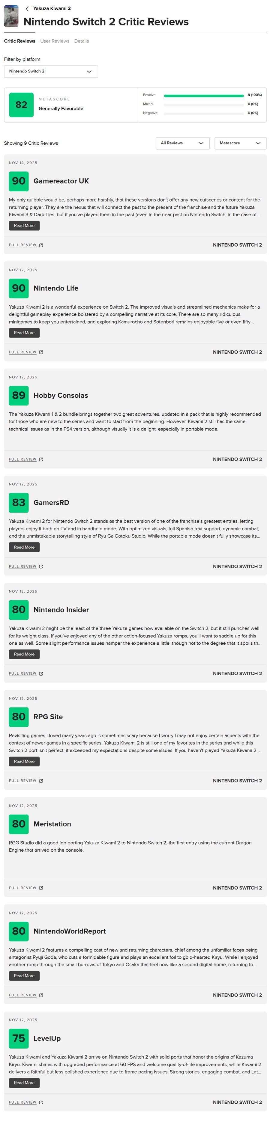 NS2 용과 같이 극 2 메타크리틱 등재 및 닌텐도 라이프 리뷰_1.png