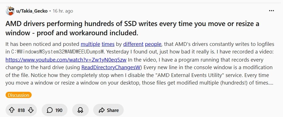 AMD사용자들이 칩셋 드라이버와 관련된 과도한 SSD 쓰기 활동을 보고_2.jpg