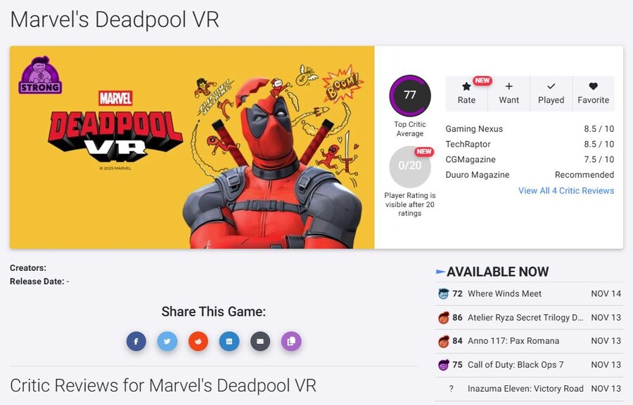 메타 독점작 "데드풀 VR" 메타크리틱 78점, 오픈크리틱 77점_2.jpg