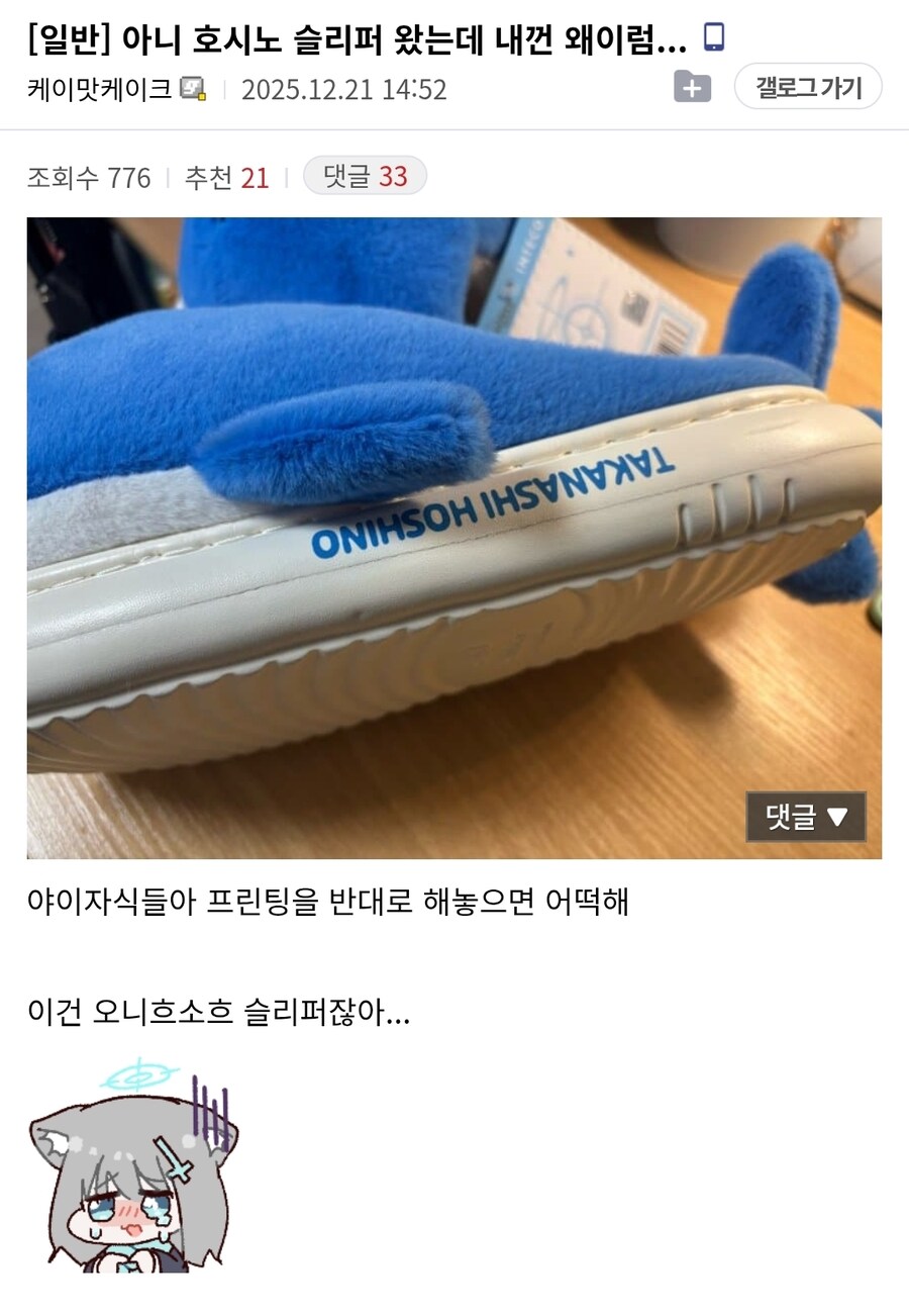 블루아카) 호시노 슬리퍼 굿즈 불량 이슈가 골때리는게_1.jpg