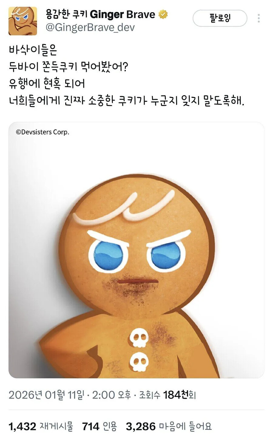 두쫀쿠 유행에 소신 발언 올린 계정_1.jpg
