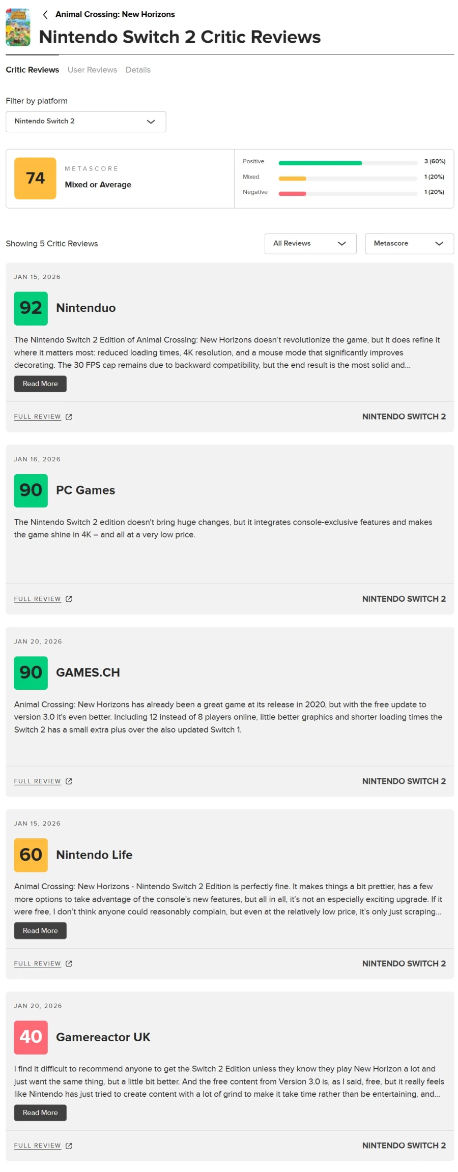 모여봐요 동물의 숲 NS2 에디션 메타크리틱 등재 및 40점 포함 웹진 리뷰 내용_1.webp