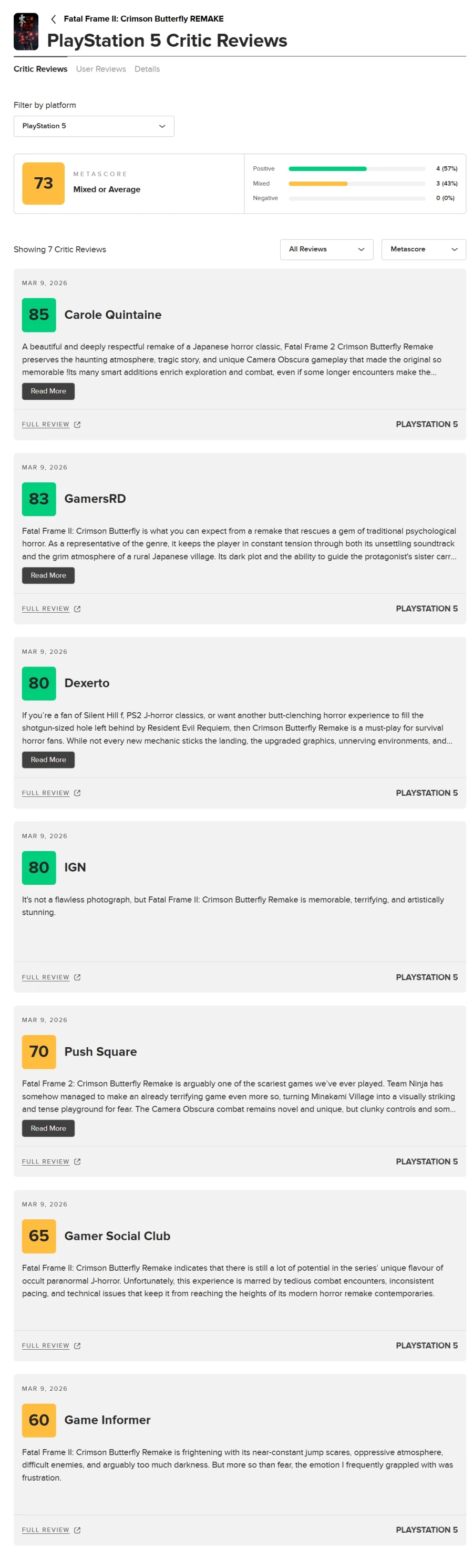 제로 ~붉은 나비~ 리메이크 메타크리틱 & 오픈크리틱 등재_3.webp