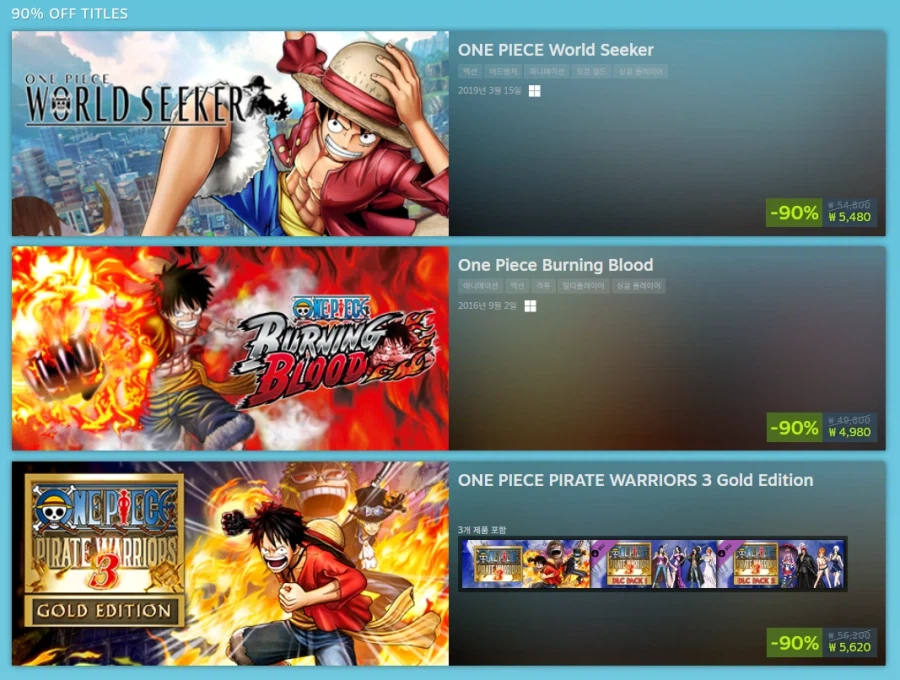 [스팀] 원피스 프랜차이즈 세일 최대 -90% SALE_1.webp