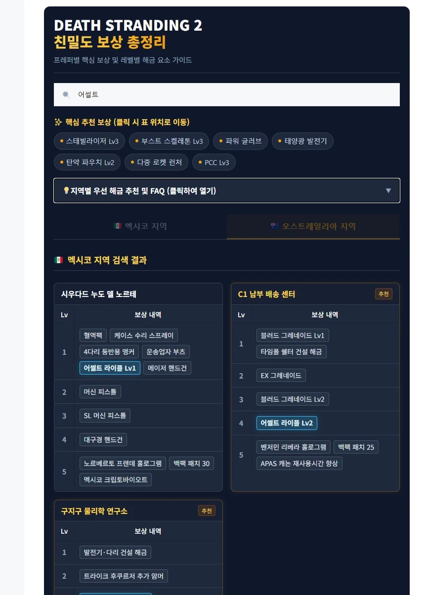 데스 스트랜딩 2 친밀도 - 프레퍼별 보상 리스트 및 추천 보상 검색툴_1.webp