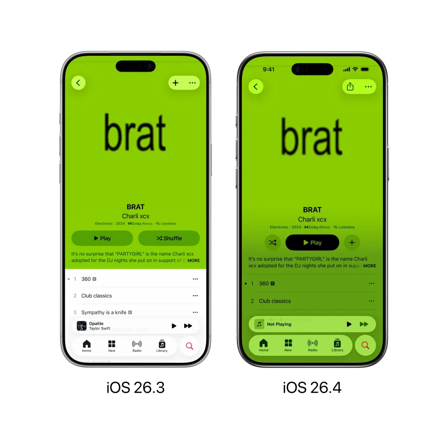 Apple 뮤직, iOS 26.4에서 새로운 앨범 아트 디자인 적용_2.webp
