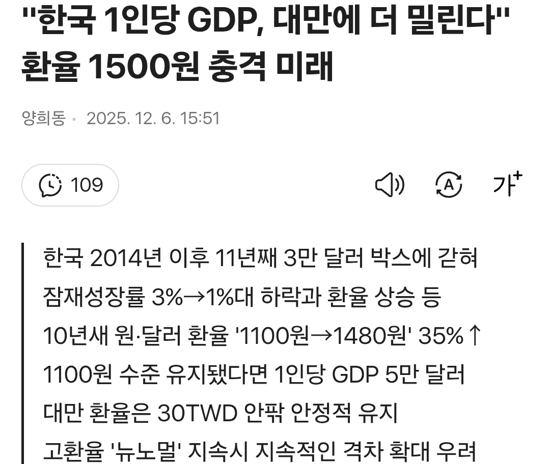 한국 1인당 GDP 대만에 더 밀린다 환율 1500원 충격 미래